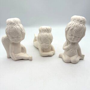 Vtg Ceramic Bisque Angel Figurines Sitting Kneeling Lying Down Greenware Set/3